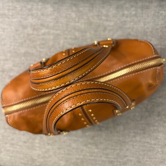 NEW Vintage Michael Kors Astor Studded Leather Satchel Bag Camel Gold Hardware - Picture 2 of 16